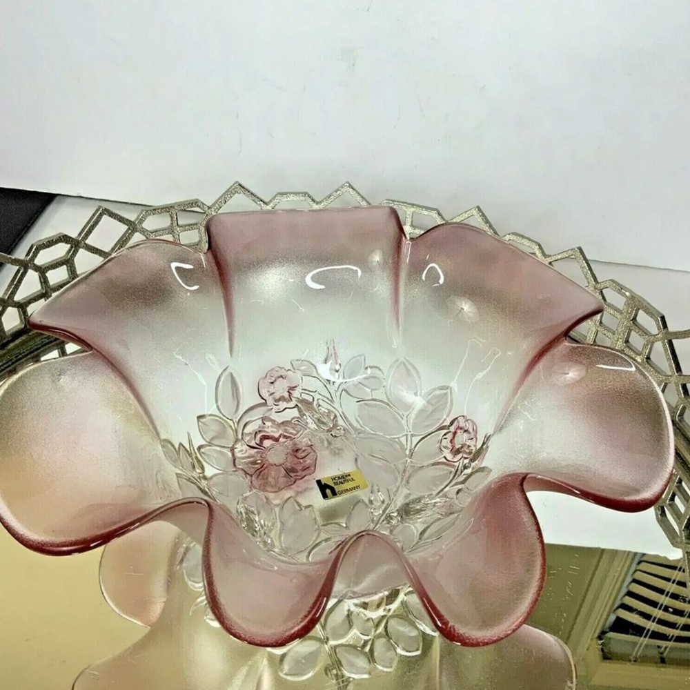 Home Beautiful Bowl Germany Crystal Rose Floral Vintage Pink NOS #MN